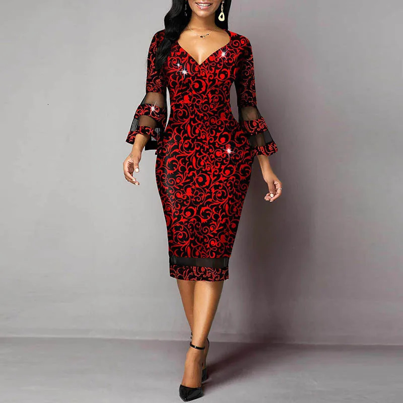 Chic Spring Vneck Print Office Dres Three Quarter Sleeve Mesh Stitching Party Dress Autumn Fashion Slim Bodycon Vestidos 240308Z