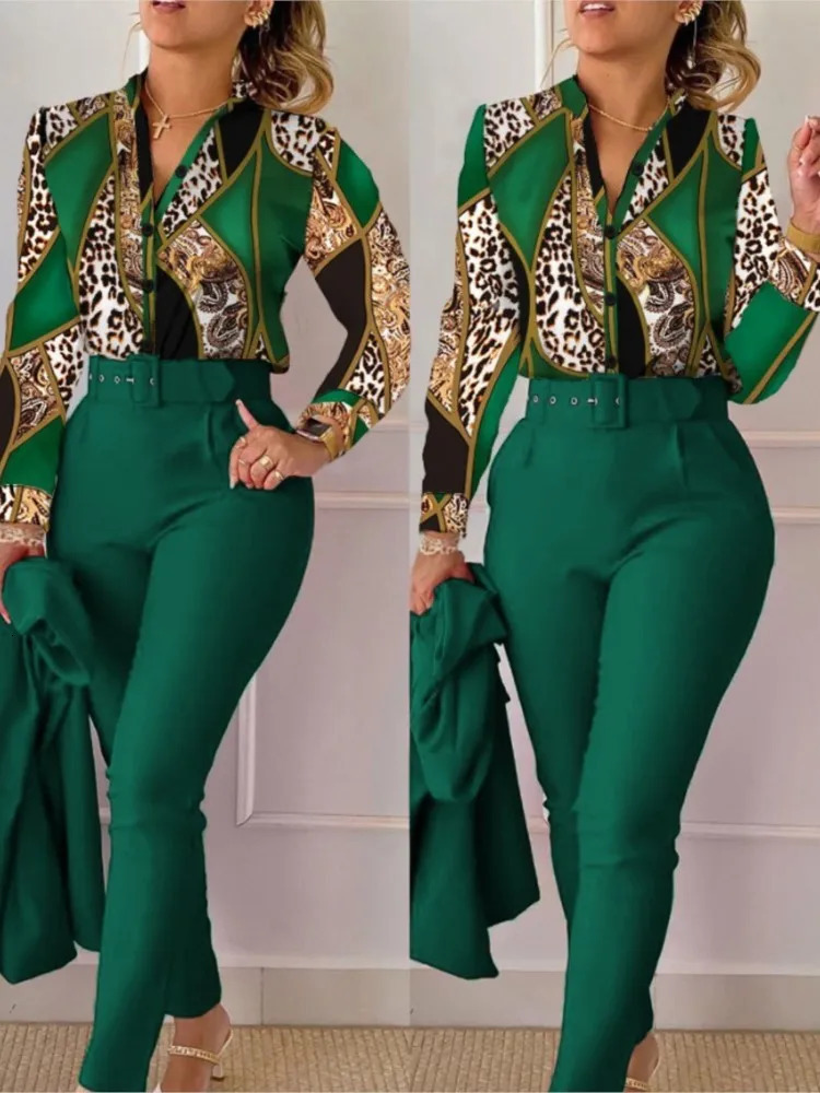 Elegant Women Printed Two Piece Suit Sets Autumn Winter V Neck Long Sleeve Shirt Top Pants Set With Belt Workwear Outfits 240227