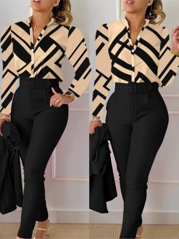 Elegant Women Printed Two Piece Suit Sets Autumn Winter V Neck Long Sleeve Shirt Top Pants Set With Belt Workwear Outfits 240227