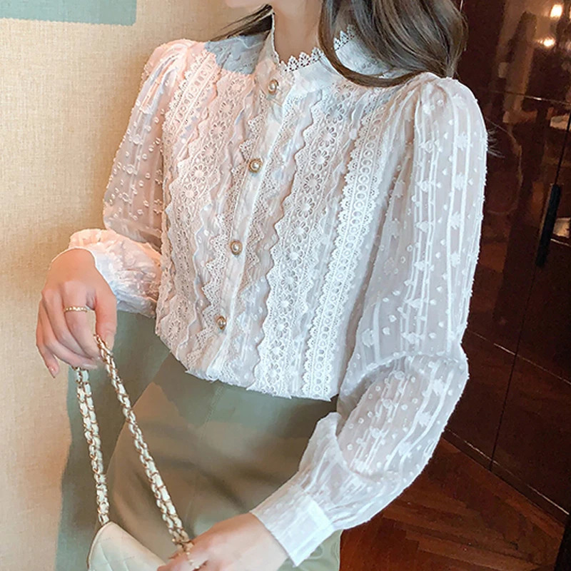 Autumn Women White Lace Blouse Shirt Tops Long Sleeve Blusas Mujer De Moda 2023 Blouses Femme Shirts E382 240301