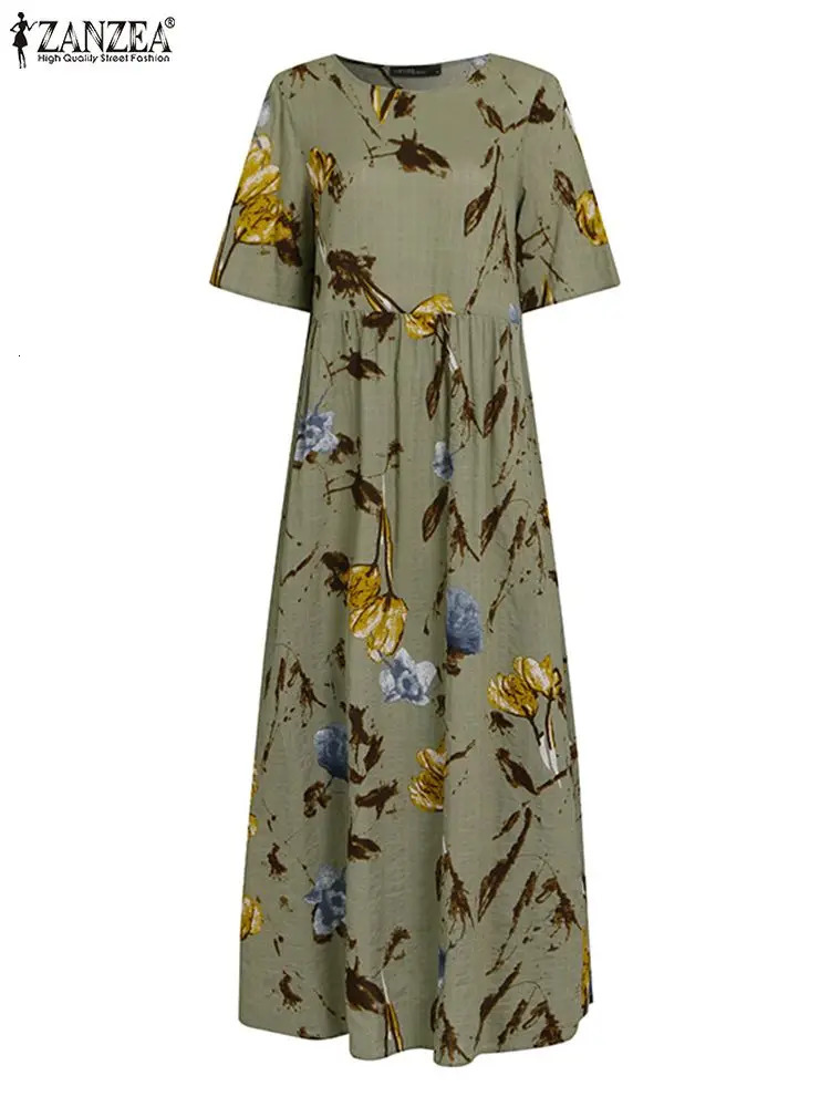 ZANZEA Bohemian Holiday Sundress Summer Women Vintage Floral Printed Short Sleeve Beach Dress Loose Long Vestido Robe Femme 240307