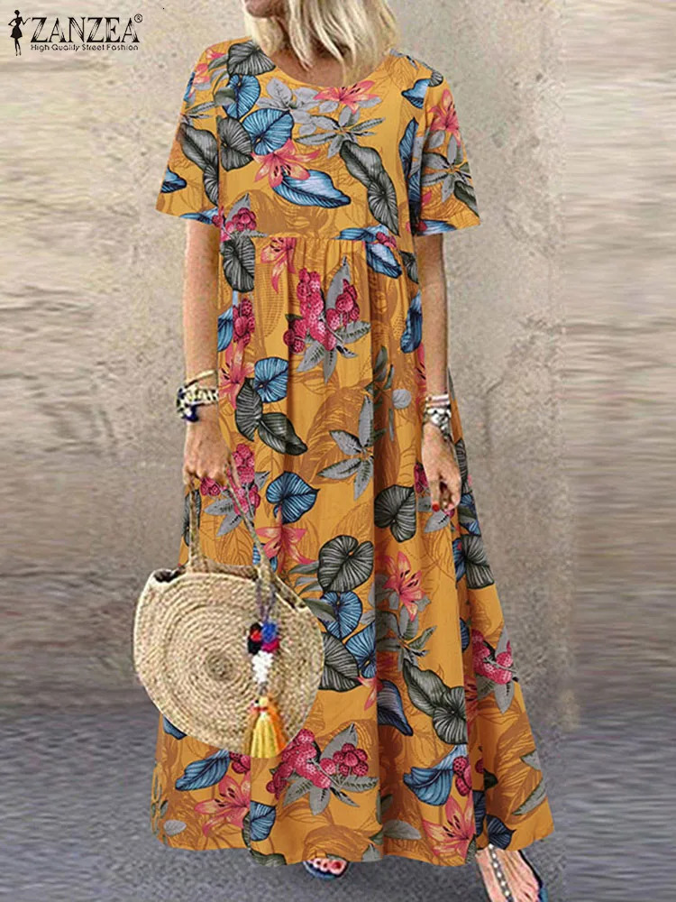 ZANZEA Bohemian Holiday Sundress Summer Women Vintage Floral Printed Short Sleeve Beach Dress Loose Long Vestido Robe Femme 240307