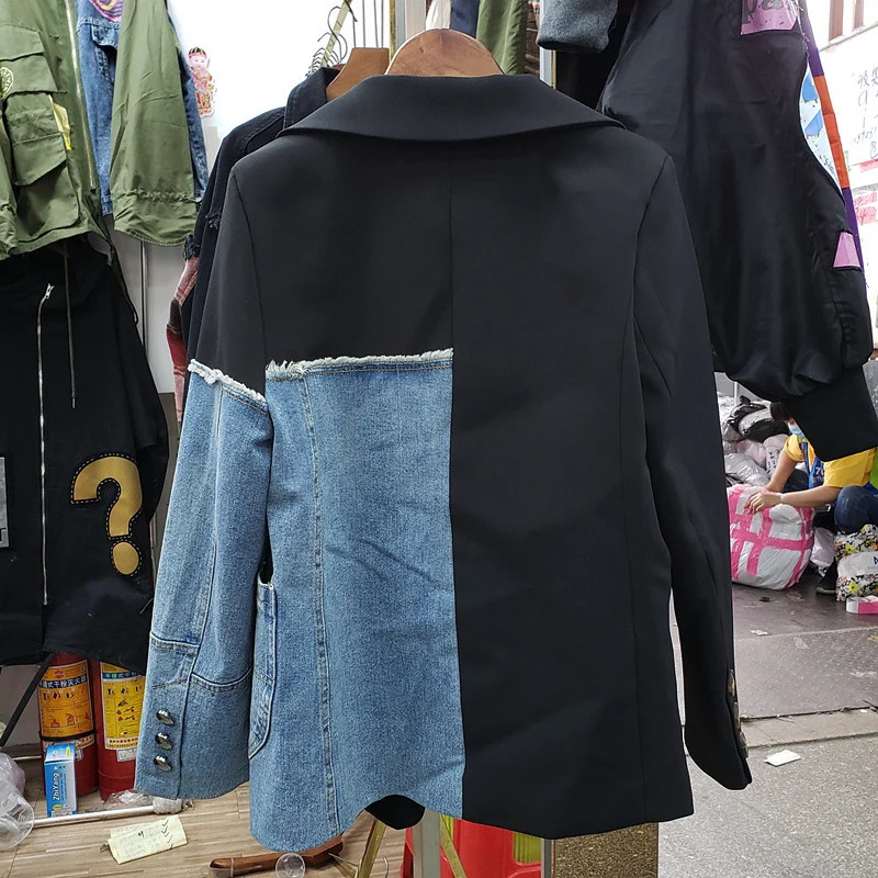 Denim Patchwork Women Blazer Jacket High Quality Single Button Black Suit Loose Fashion Lady Blazers Coat Autumn 240226