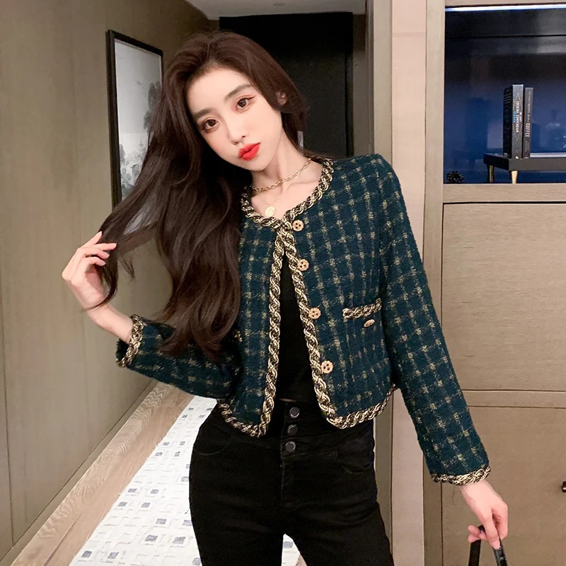 LLZACOOSH Korea Arrive Temperament Retro Grid Short Woolen Jacket Women Autumn Spring Single Breasted Chic Tweed Coat 240307
