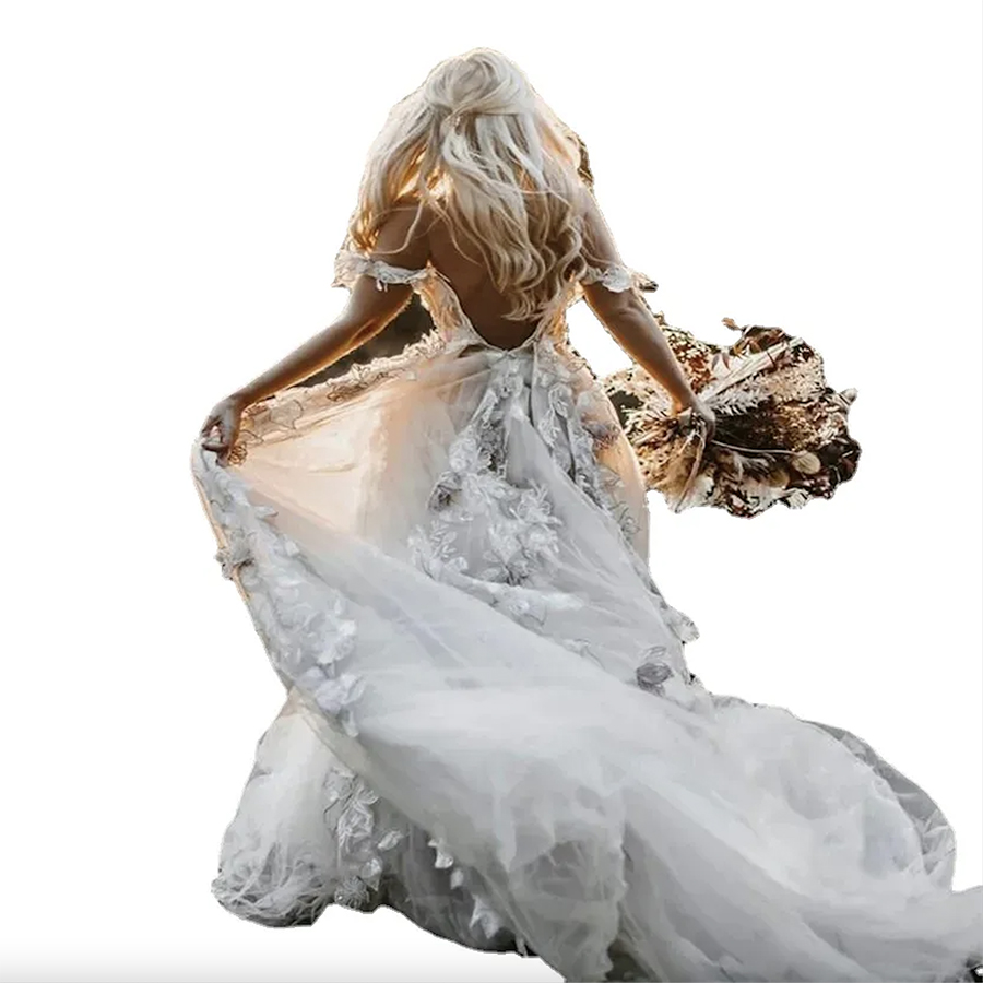 Backless Boho Wedding Dress 3D Appliqued Summer Beach Bridal Gowns Off The Shoulder Tulle Loves Lace Outdoor Lady Marriage Dresses 0509