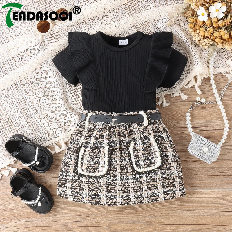 6M-5Y Summer Girls Kids Clothing Suit Short Sleeve Ribbed Pit T-shirt TopTweed Plaid Skirt With Belt Children Clothes 2Pcs Set 240229