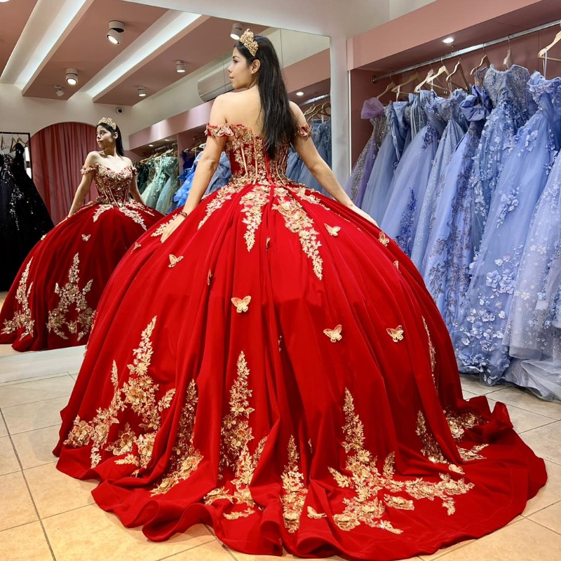 Red Ball Gown Quinceanera Dresses Sweet 16 Dress Off The Shoulder Gold 3D Flowers Bow Vestidos De 15 Anos Quinceaneras