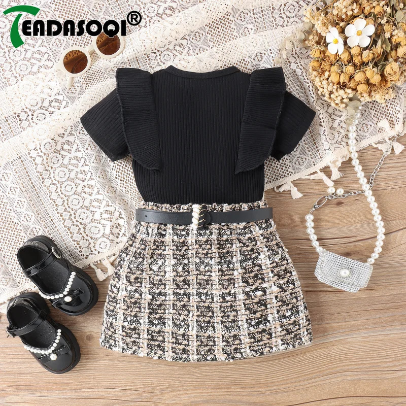 6M-5Y Summer Girls Kids Clothing Suit Short Sleeve Ribbed Pit T-shirt TopTweed Plaid Skirt With Belt Children Clothes 2Pcs Set 240229