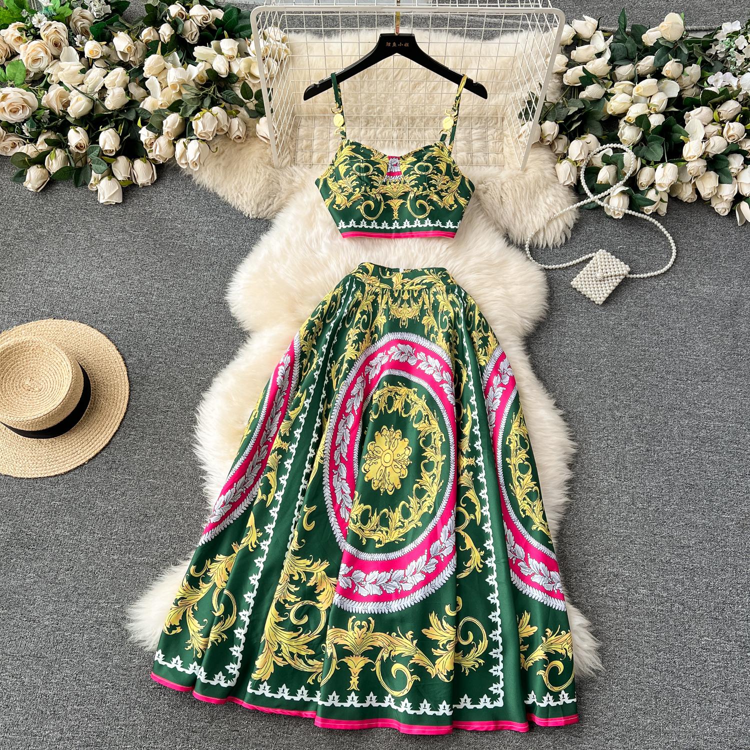 Two Piece Dress Summer Runway Holiday Outfits Women's Short Spaghetti Strap Metal Buckle Crop Tops Long Maxi Skirt Vacation 2 Pieces Set