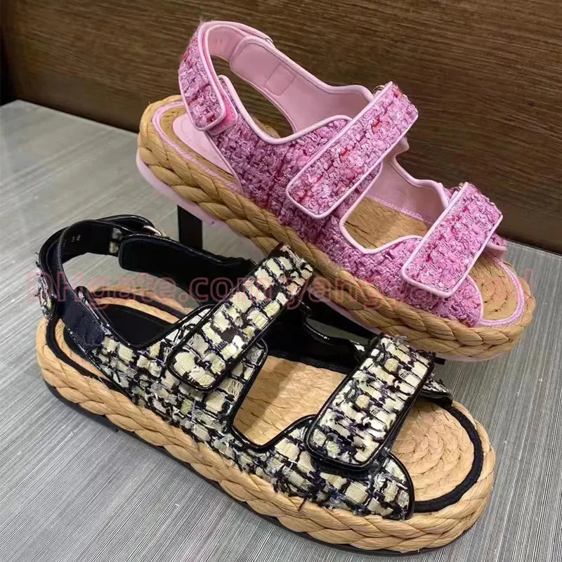 Designer womens slipper woman Double Monk Strap Sandals Women's leather flat bottom Braided Slippers slides Vintage style Straw plaited Calfskin Sandals