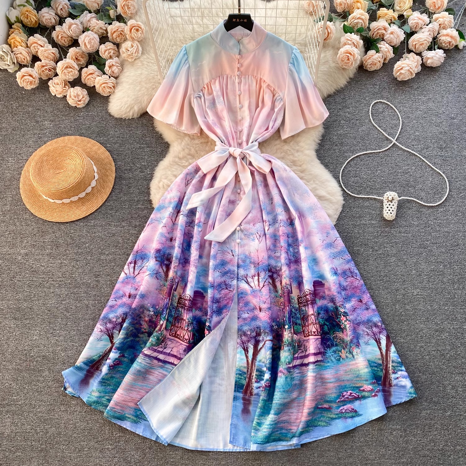 Casual Dresses Summer Fashion Holiday Gorgeous Wer Chiffon Dress Women Short Sleeve Ral Print Lace Up Belt Loose Long Robe Vestidos