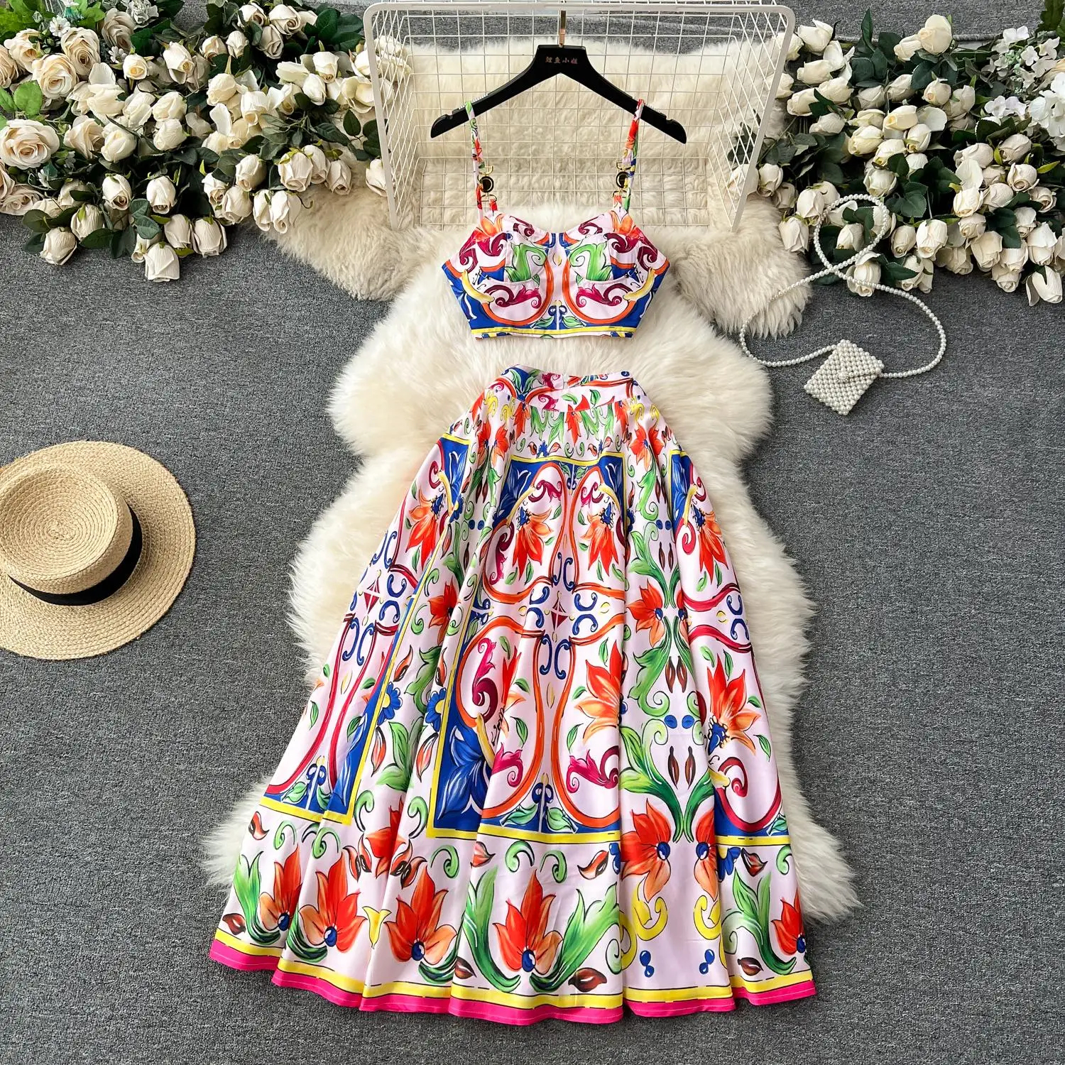 Two Piece Dress Summer Runway Holiday Outfits Women's Short Spaghetti Strap Metal Buckle Crop Tops Long Maxi Skirt Vacation 2 Pieces Set