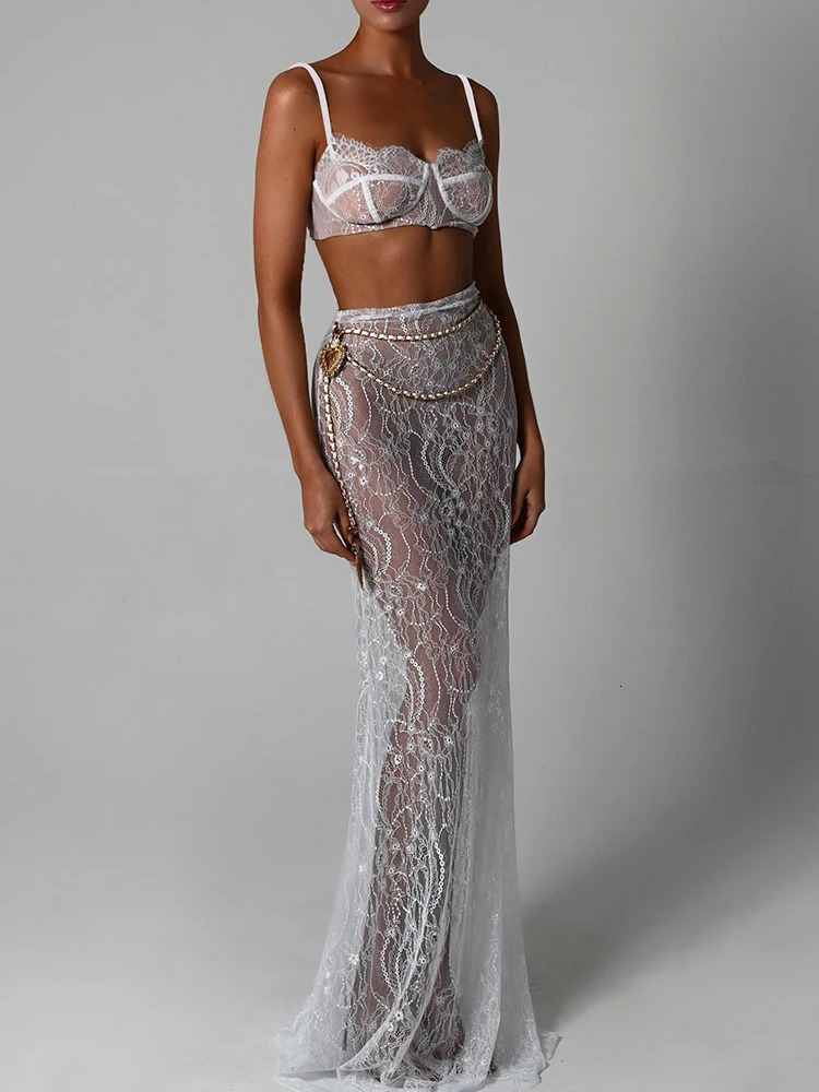 Mozision See Through Lace Two Piece Skirt Sets Women Crop Top And Maxi Skirt Sets Elegant Party Beach Sexy Two Piece Set 240304