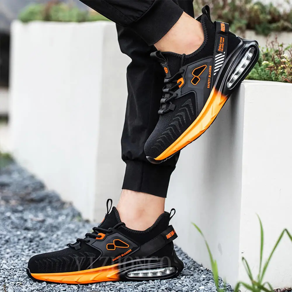 Autumn Mens Safety Shoes Orange Air Cushion Steel Toe Sports Shoes Black Safety Shoes For Men Anti-Smashing Industrial Shoes 240228