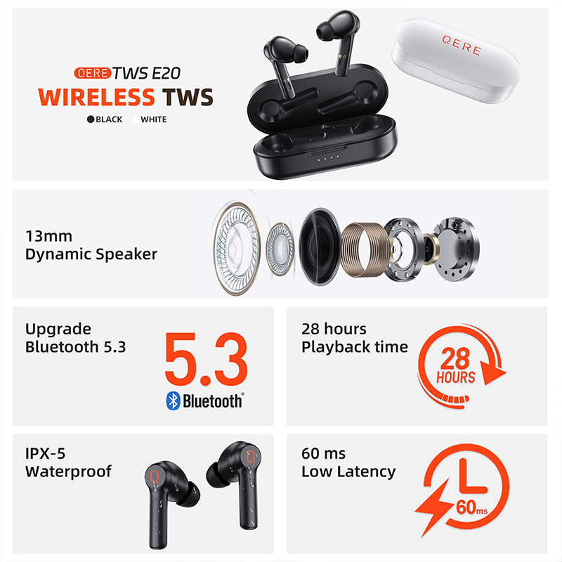 QERE E20 Earphone TWS True Stereo Waterproof In Ear Headset Gaming Sport Wireless Headphones Wireless Earbud Earphones