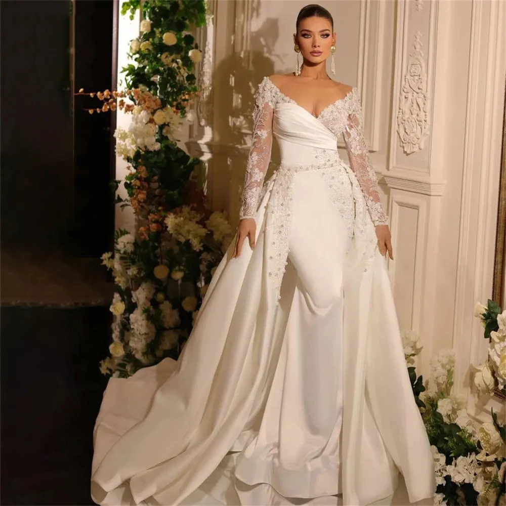 Elegant Ivory Satin Mermaid Wedding Dresses With Detachable Train 3D Floral Lace Appliques Long Sleeves Bridal Gowns Pearls Beaded Sexy Bride Receptio