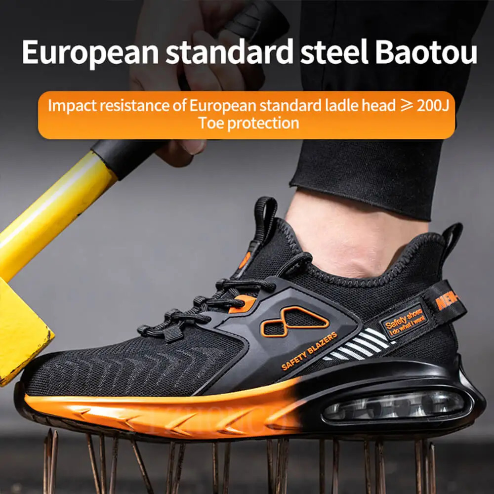 Autumn Mens Safety Shoes Orange Air Cushion Steel Toe Sports Shoes Black Safety Shoes For Men Anti-Smashing Industrial Shoes 240228