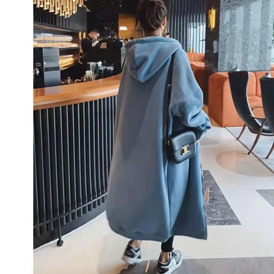 Casual Long Hooded Swearshirt for Women Autumn Winter Fleece Thicken Loose Sleeve Zipper Cardigan Coats Oversized 240301