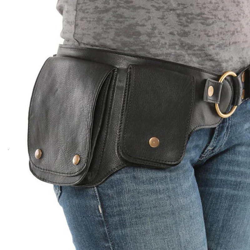 Womens Waist Bag Medieval Pu Leather Hip Strap Vintage Shoulder Outdoor Sports Adjustable Zipper Button Waistpack 240308
