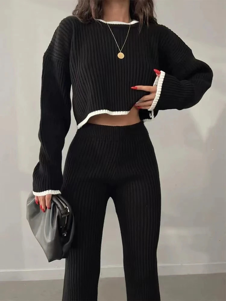 REALEFT Autumn Winter 2 Pieces Womens Oufit Sets Knitted Tracksuit O-Neck Sweater and Wide Leg Jogging Pants Female Suits 240304