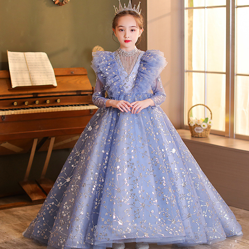 Sleeves Princess Flower Girls Dresses For Wedding New 2024 Crystals Lace Appliques Lanvender Brithday Party Kids Formal Wear Toddler Long Pageant Dres