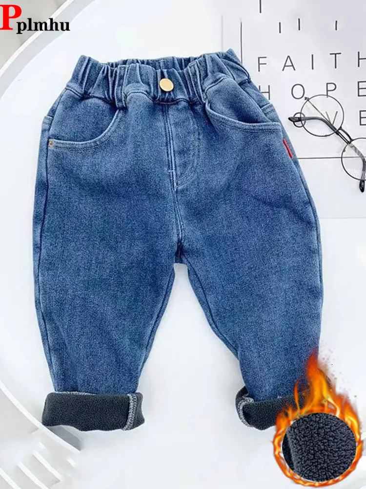 Plush Lined Boys Harem Jeans Winter Thicken Kids Vaqueros Plus Velvet Warm Denim Pants Baggy Elastic High Waist Jean Pantalones 240228