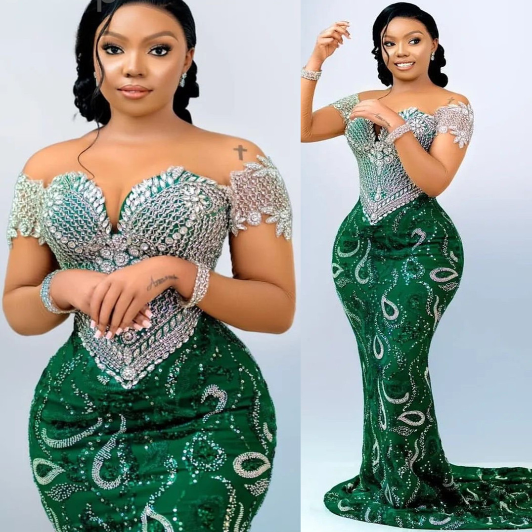 2024 Aso Ebi Green Mermaid Prom Dress Beaded Crystals Sequined Evening Formal Party Second Reception 50th Birthday Engagement Gowns Dresses Robe De So