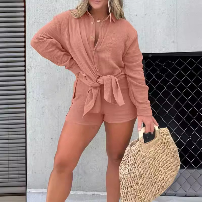 Women Jumpsuits Short Barcelona Breeze Romper Dress Set Linen Beach Cover up Slit Shirts Short Set