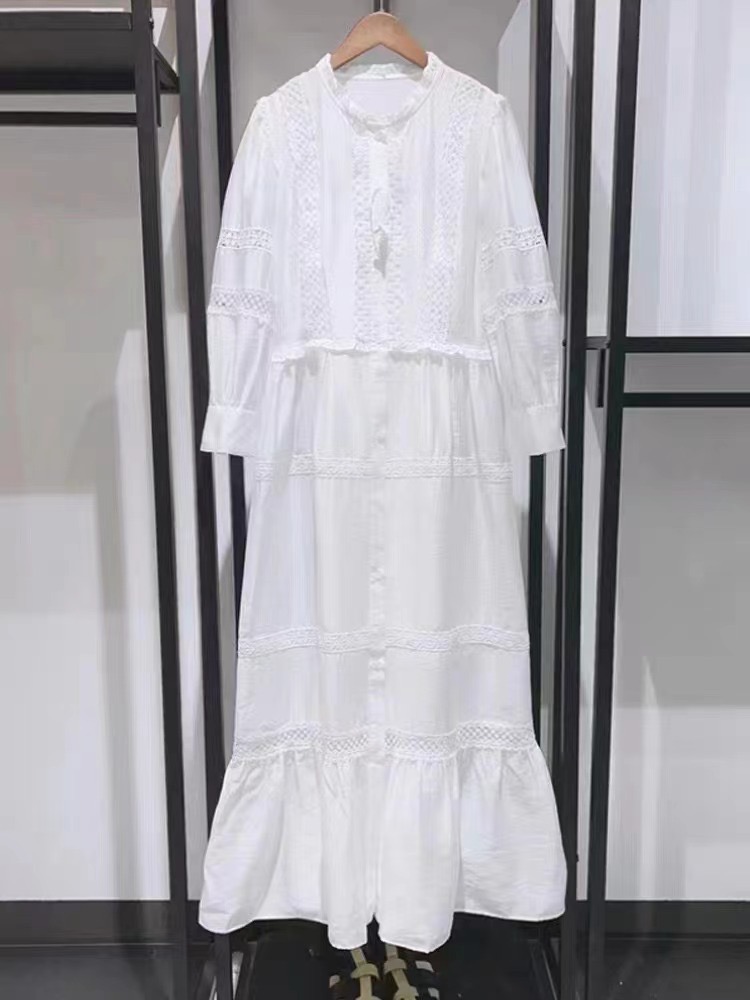 2024 Spring/Summer New Casual Dress Ma-je Linen Blended French Lace Collar Hollow White Long Dress