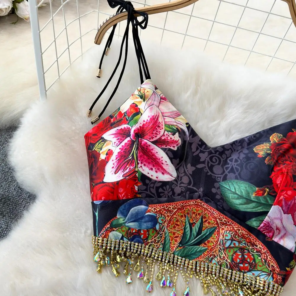 Two Piece Dress Fashion Runway Summer Skirt Suit Women's Bow Spaghetti Strap Beaded Tassel Short Tops Printed Mini Skirt 2 Two Piece Set 2024
