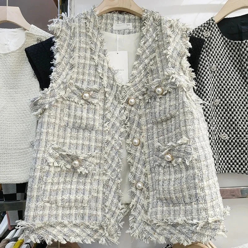 Tassel Single Breasted VNeck Tweed Waistcoat Women Spring Summer Vest Jacket 240226