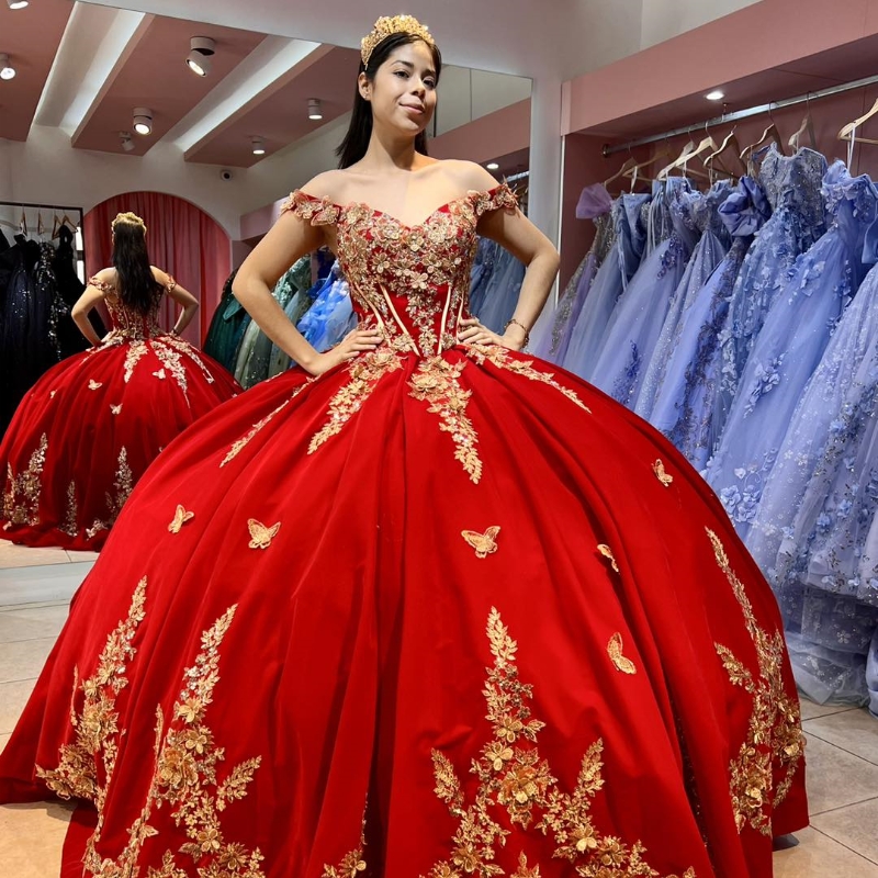 Red Ball Gown Quinceanera Dresses Sweet 16 Dress Off The Shoulder Gold 3D Flowers Bow Vestidos De 15 Anos Quinceaneras