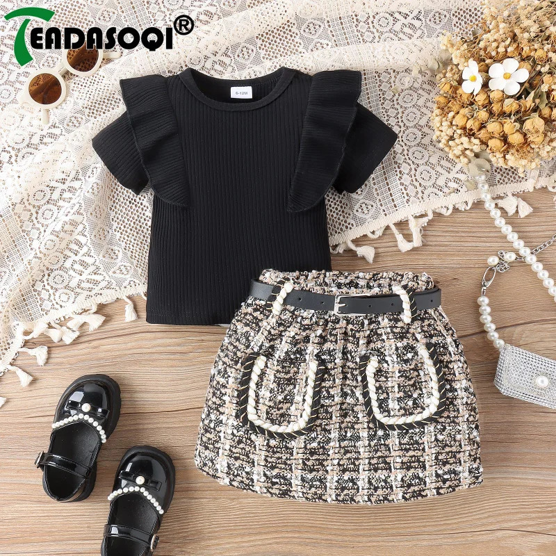 6M-5Y Summer Girls Kids Clothing Suit Short Sleeve Ribbed Pit T-shirt TopTweed Plaid Skirt With Belt Children Clothes 2Pcs Set 240229