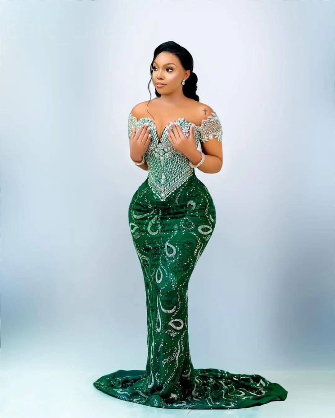 2024 Aso Ebi Green Mermaid Prom Dress Beaded Crystals Sequined Evening Formal Party Second Reception 50th Birthday Engagement Gowns Dresses Robe De So