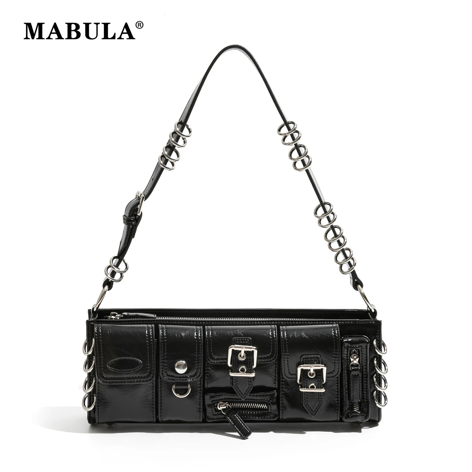 MABULA Vintag Black Underarm Shoulder Bag Punk Stylish Pu Leather Clutch Handbag Retro Rock Unisex Cuboid Purse 240307