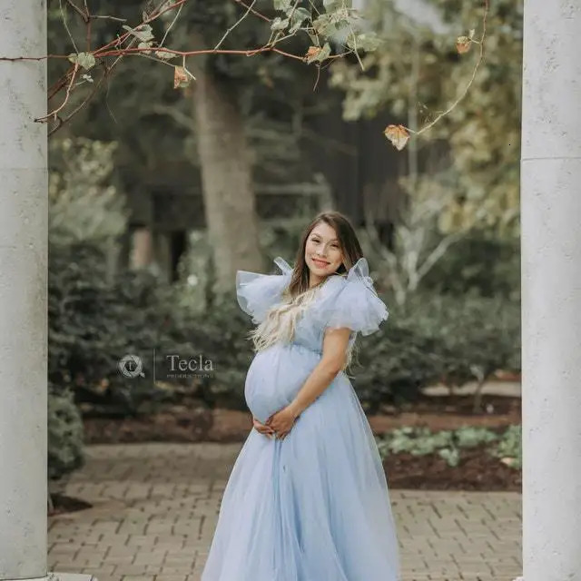 Womens Maternity Dress Lace Gown V Neck Gauze Floating Shoulder Maxi Pography Baby Shower Po Shoot 240309