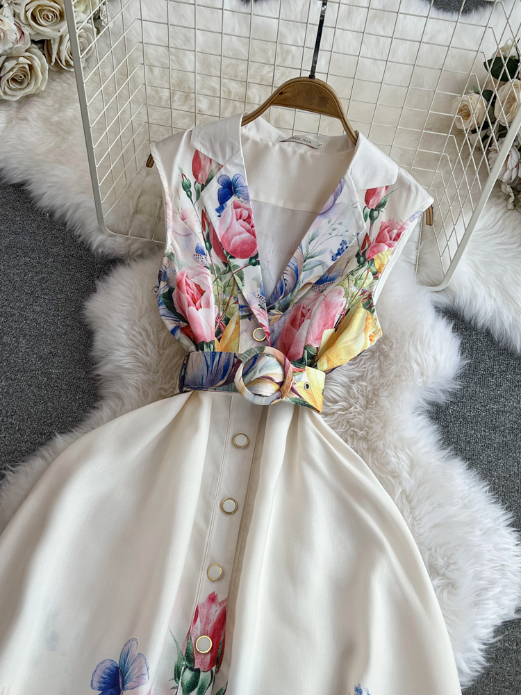 Women Dresses Summer2025 Summer Holiday Beach Dress Women's Notched Collar Sleeveless Single Breasted Ral Print Belt Long Boho Party Vestidos