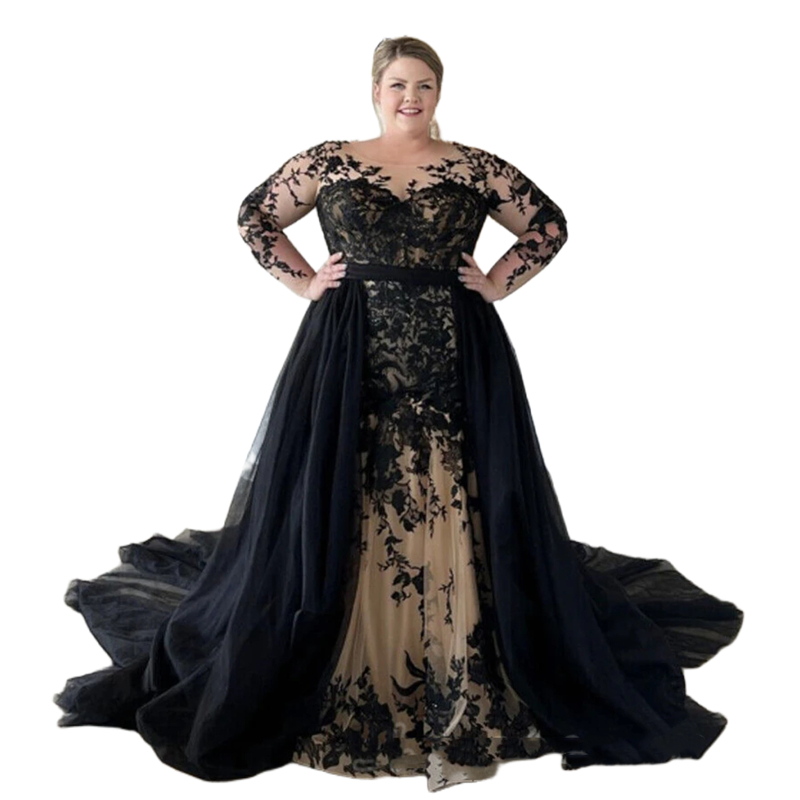 Plus Size Mermaid Wedding Dresses Black And Champagne Long Sleeves Bridal Gowns Lace Appliques Detachbale Skirt Gothic Bride Dress 2024