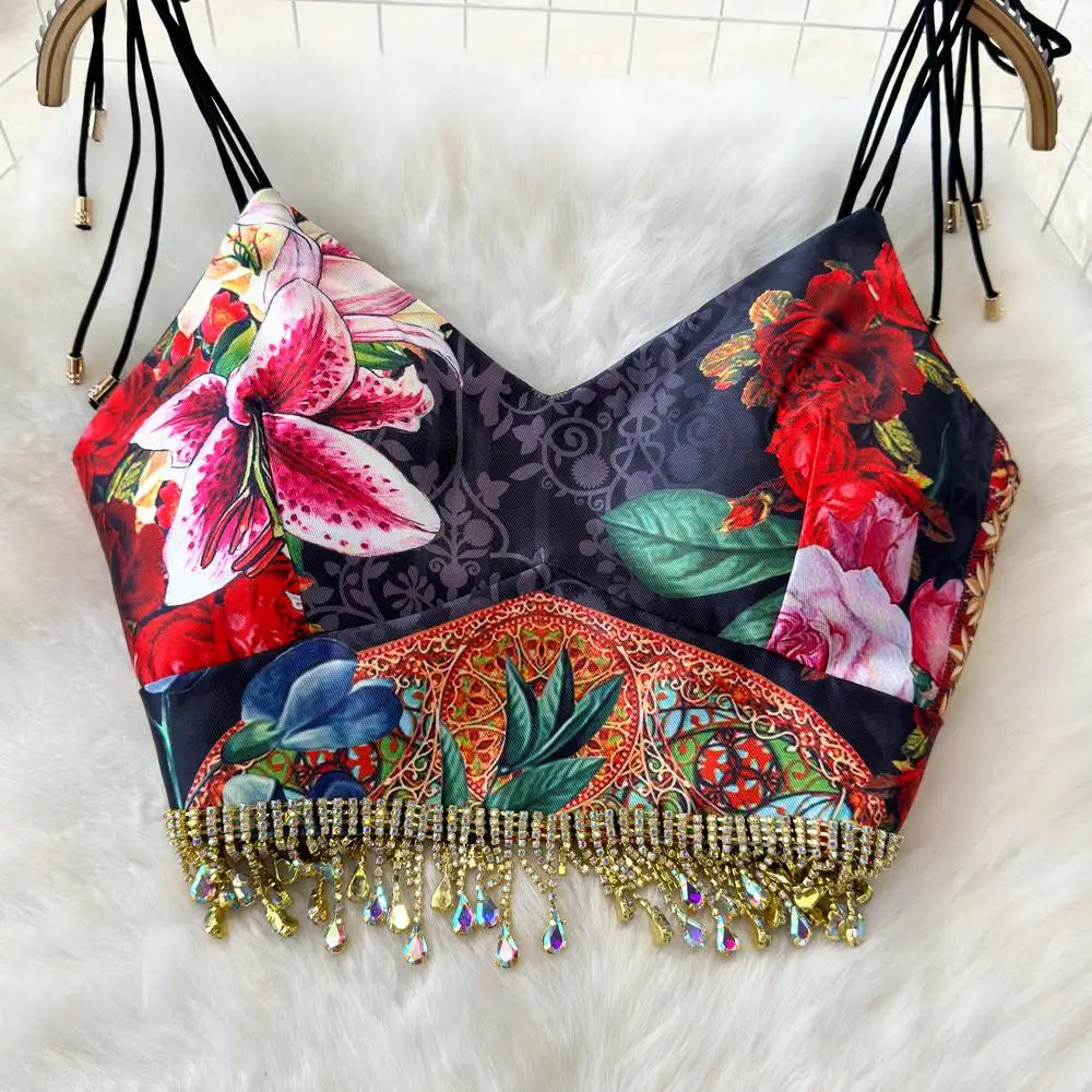 Two Piece Dress Fashion Runway Summer Skirt Suit Women's Bow Spaghetti Strap Beaded Tassel Short Tops Printed Mini Skirt 2 Two Piece Set 2024