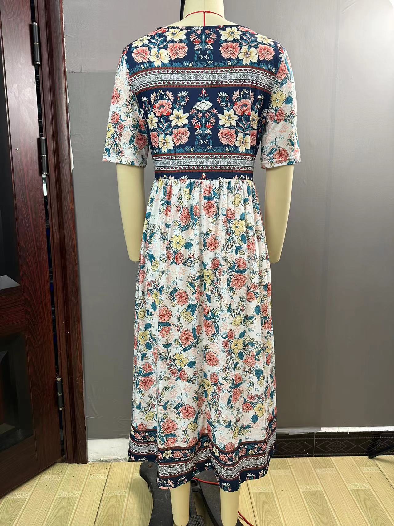 Women Casual Bohemian Dresses Floral Print Short Sleeve Dress Summer Loose Crewneck Plus Size A-Line Dresses with Pockets
