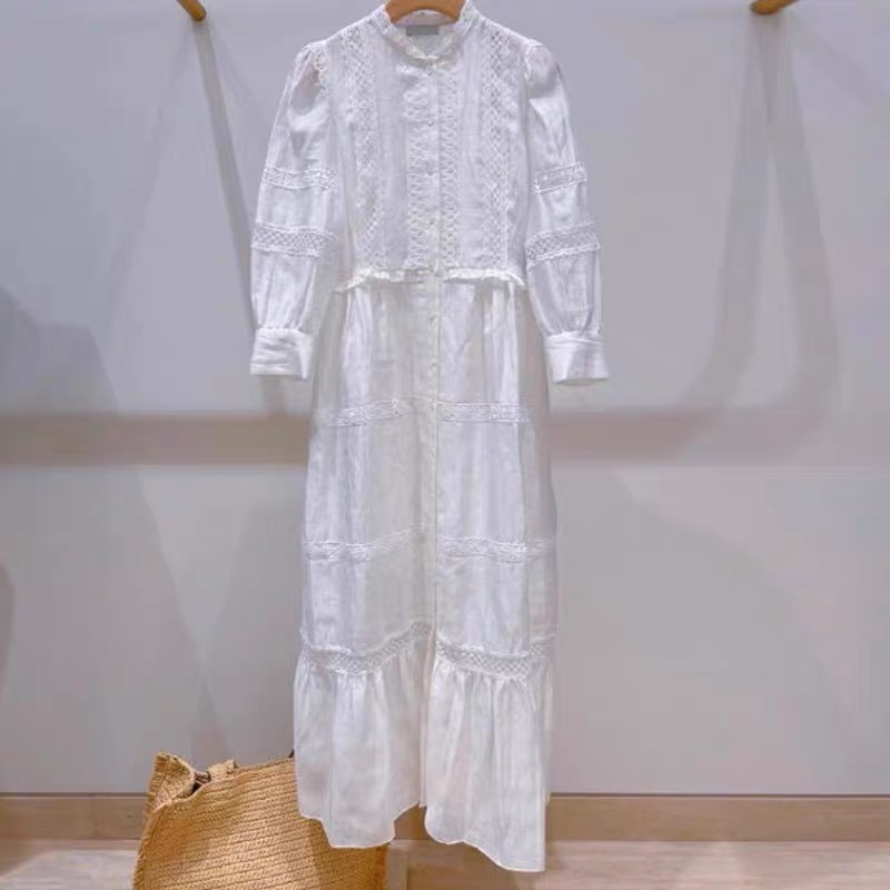 2024 Spring/Summer New Casual Dress Ma-je Linen Blended French Lace Collar Hollow White Long Dress