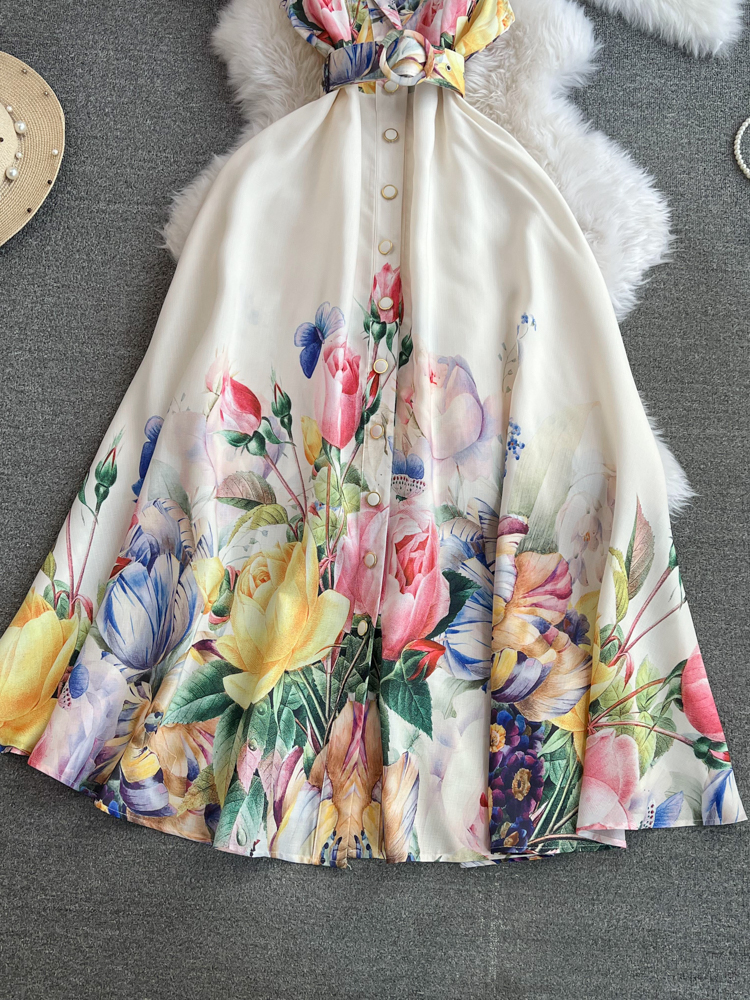 Women Dresses Summer2025 Summer Holiday Beach Dress Women's Notched Collar Sleeveless Single Breasted Ral Print Belt Long Boho Party Vestidos