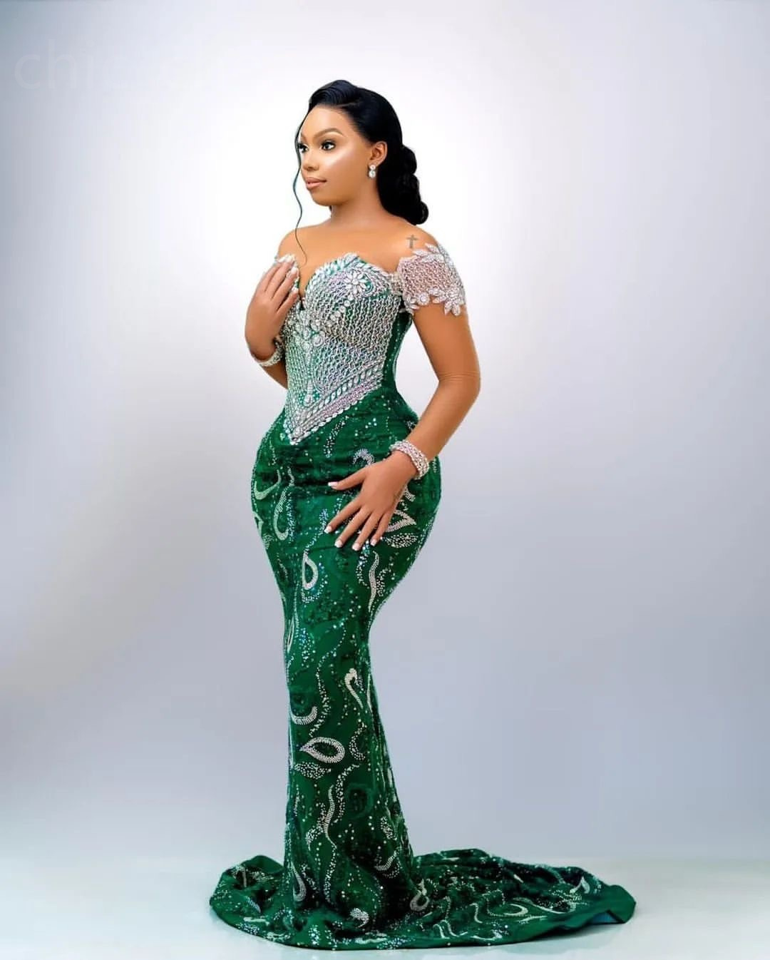 2024 Aso Ebi Green Mermaid Prom Dress Beaded Crystals Sequined Evening Formal Party Second Reception 50th Birthday Engagement Gowns Dresses Robe De So