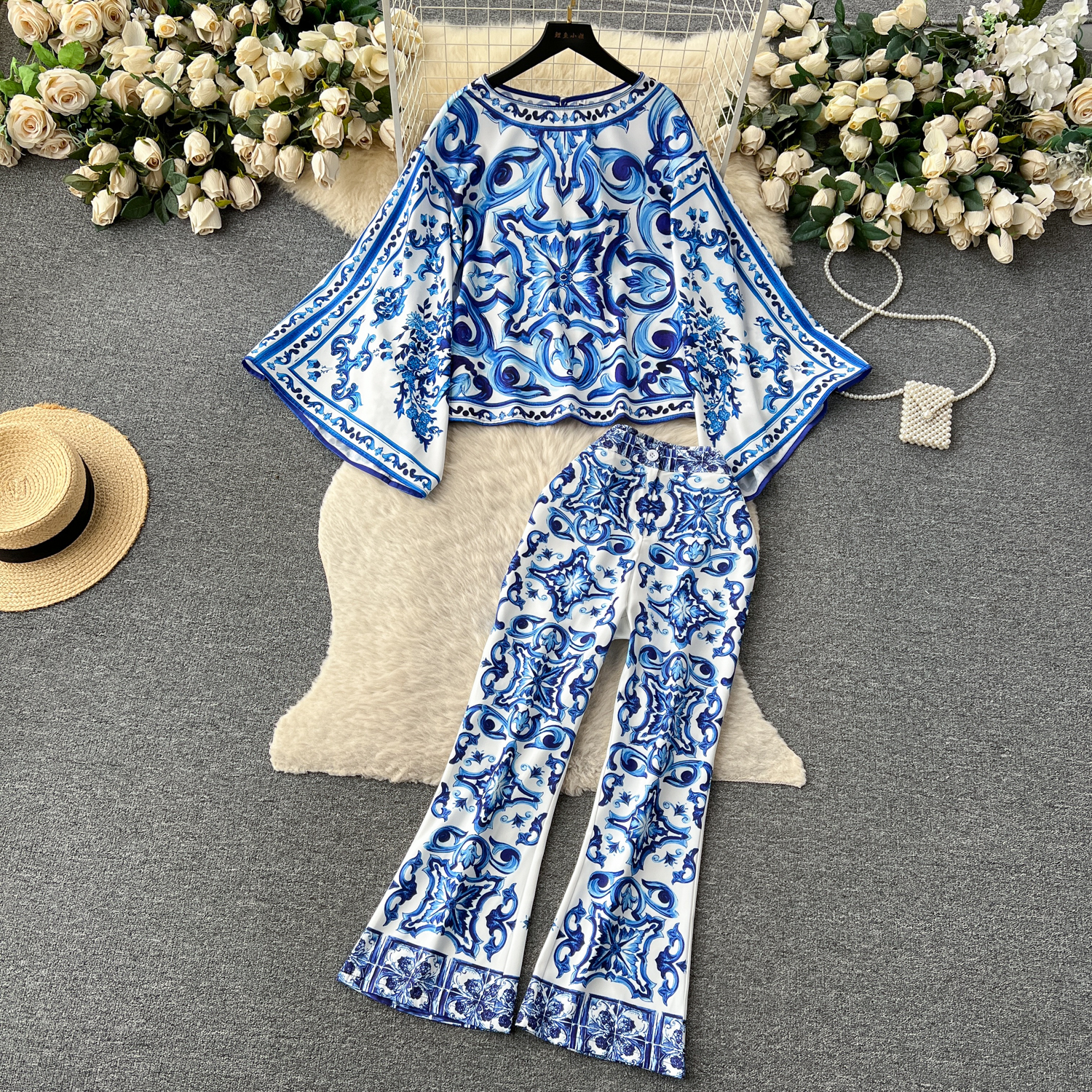 Women's Summer Runway Blue And White Porcelain Two Piece Suit Women Flare Sleeve Blouse Shirts Printed Wide Leg Cropped Pants Sets