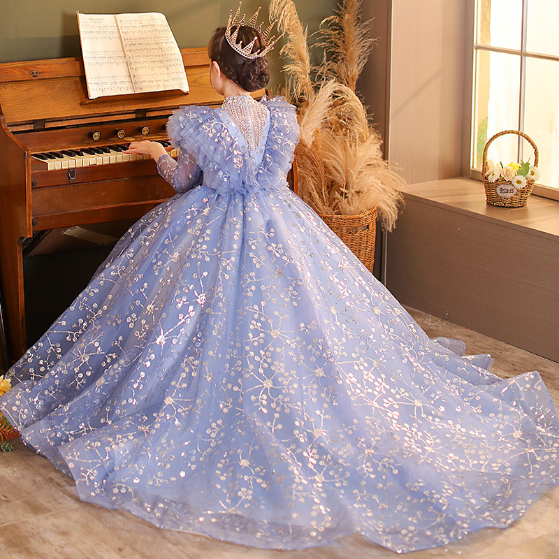 Sleeves Princess Flower Girls Dresses For Wedding New 2024 Crystals Lace Appliques Lanvender Brithday Party Kids Formal Wear Toddler Long Pageant Dres