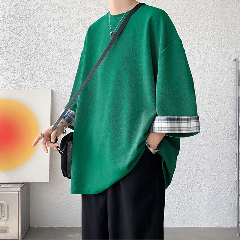 Spring Summer Mens Tshirts Women Oversized 2XL Korean Style Loose Plaid Tshirt Casual Seven sleeves TShirt Male White 240301