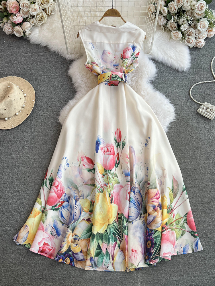 Women Dresses Summer2025 Summer Holiday Beach Dress Women's Notched Collar Sleeveless Single Breasted Ral Print Belt Long Boho Party Vestidos