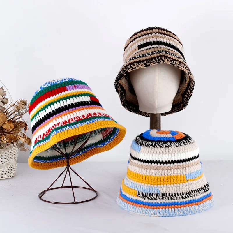 2023 Patchwork Bucket Hat Hats for Men Winter Warm Beanie Hiking Womens Fisherman Crochet 240227