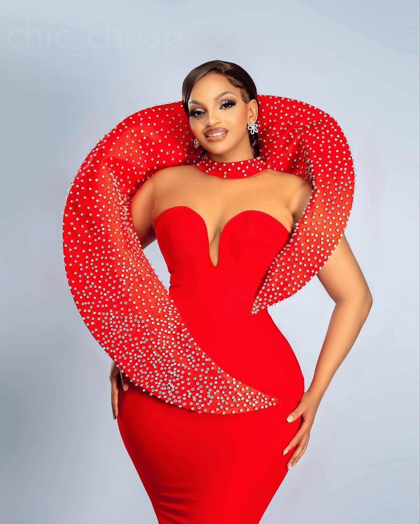 2024 Aso Ebi Red Mermaid Prom Dress Crystals Satin Sheer Neck Evening Formal Party Second Reception 50th Birthday Engagement Gowns Dresses Robe De Soi