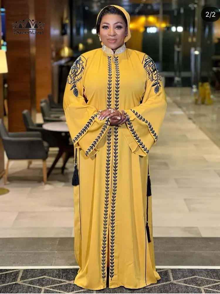 Elegant High Quality Diamond Embroidered Collar Dashiki African Womens Dress with Scarf 240226
